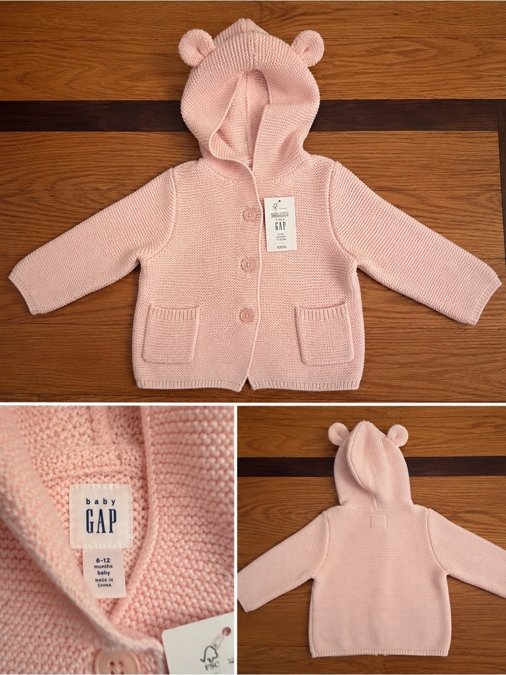 Baby Gap Bear Ear Hooded Knit Cardigan Sweater Pink NWT 6-12 Months